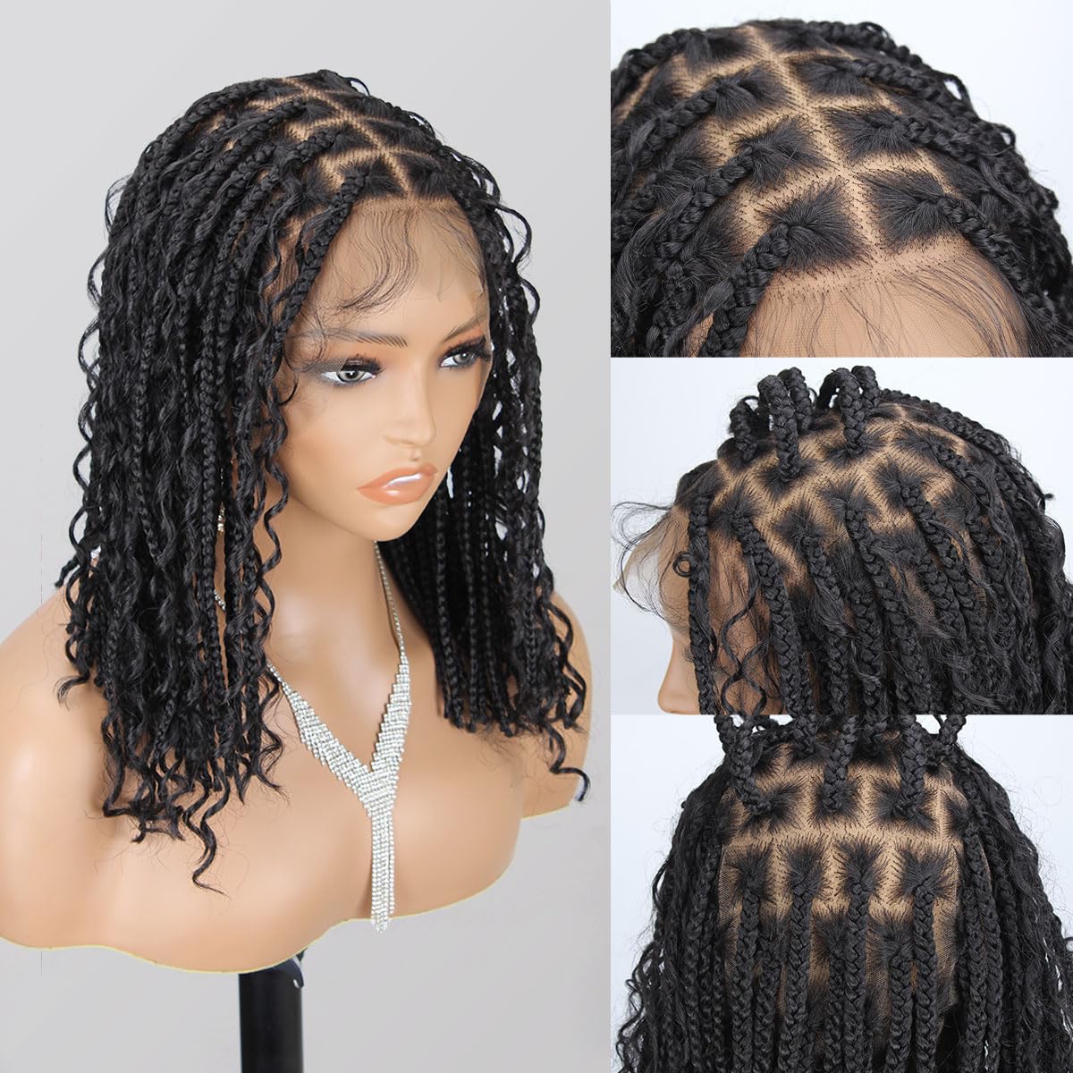 Sangtok 12 inch Knotless Boho Box Braid Wigs, 360 Single Full Lace Braided Curly Wigs for Black Women, Synthetic Black Braided Lace Wig