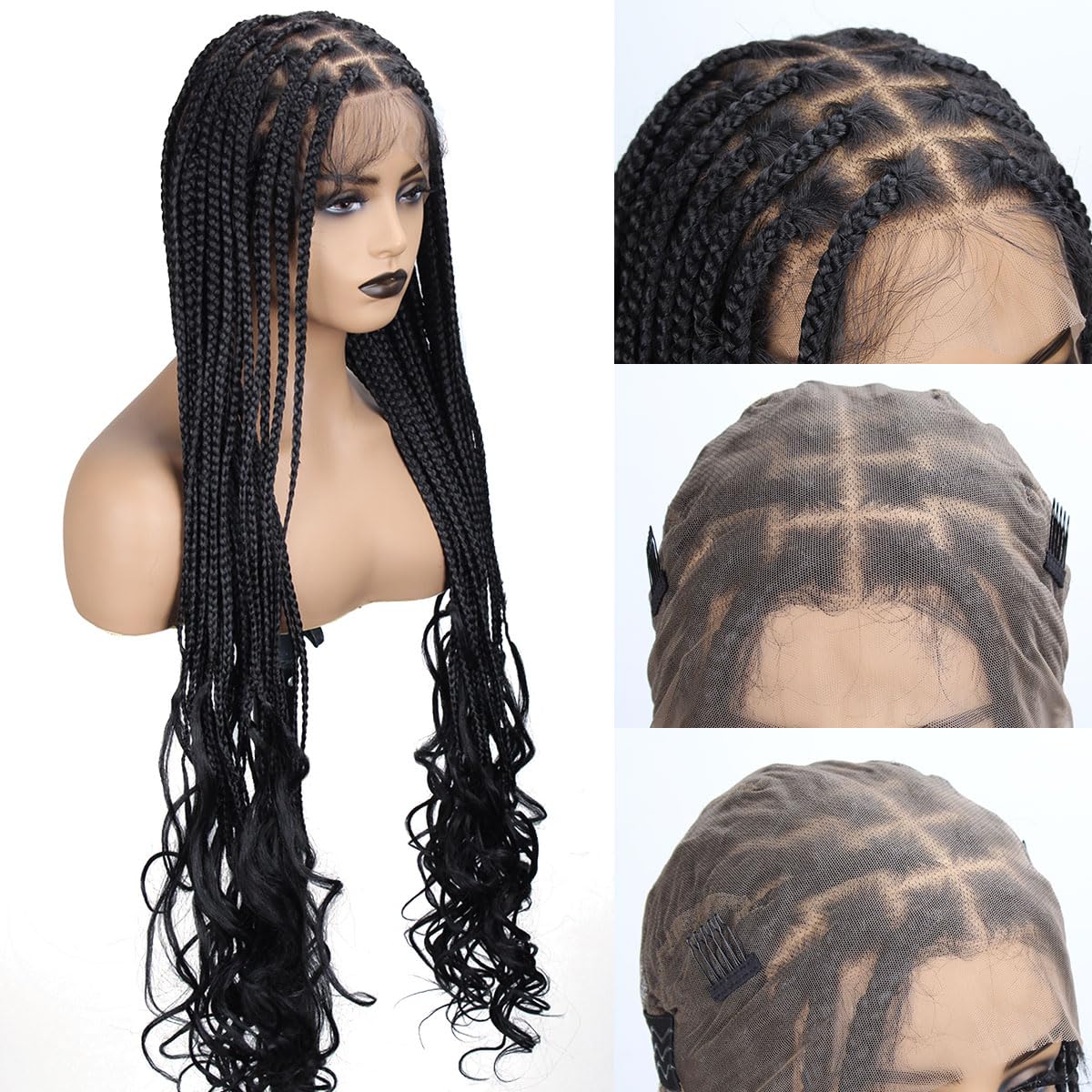 36 Inch Braided Wigs With Curly Ends, 360 Single Full Lace French Curl Braided Wigs for Black Women Knotless Box Braid Wig with Baby's Hair