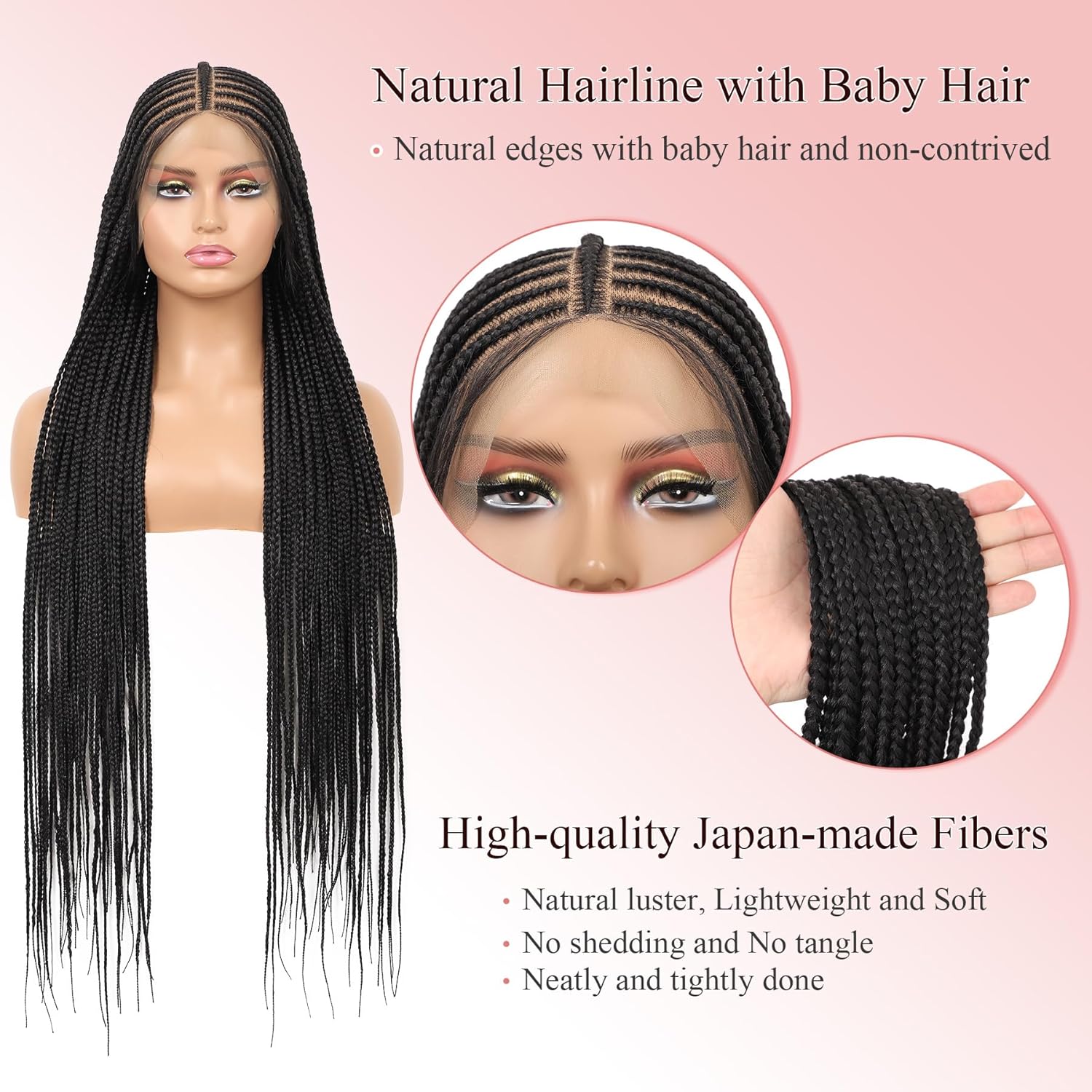 13X8 Lace 36 Inch Front Cornrow Braided Wigs for Black Women Cornrow Box Braid Wigs with Baby Hair Black Lightweight Synthetic Natural Deep Side Parting Lace Frontal Box Braided Wig