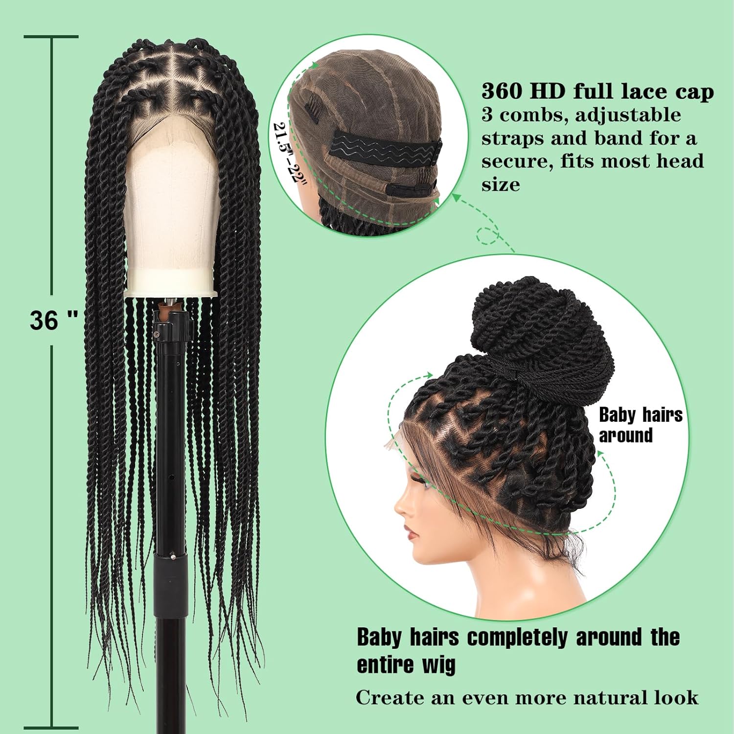Senegal Twist Wigs, 360° HD Full Single-layer Lace Two Braid Wigs