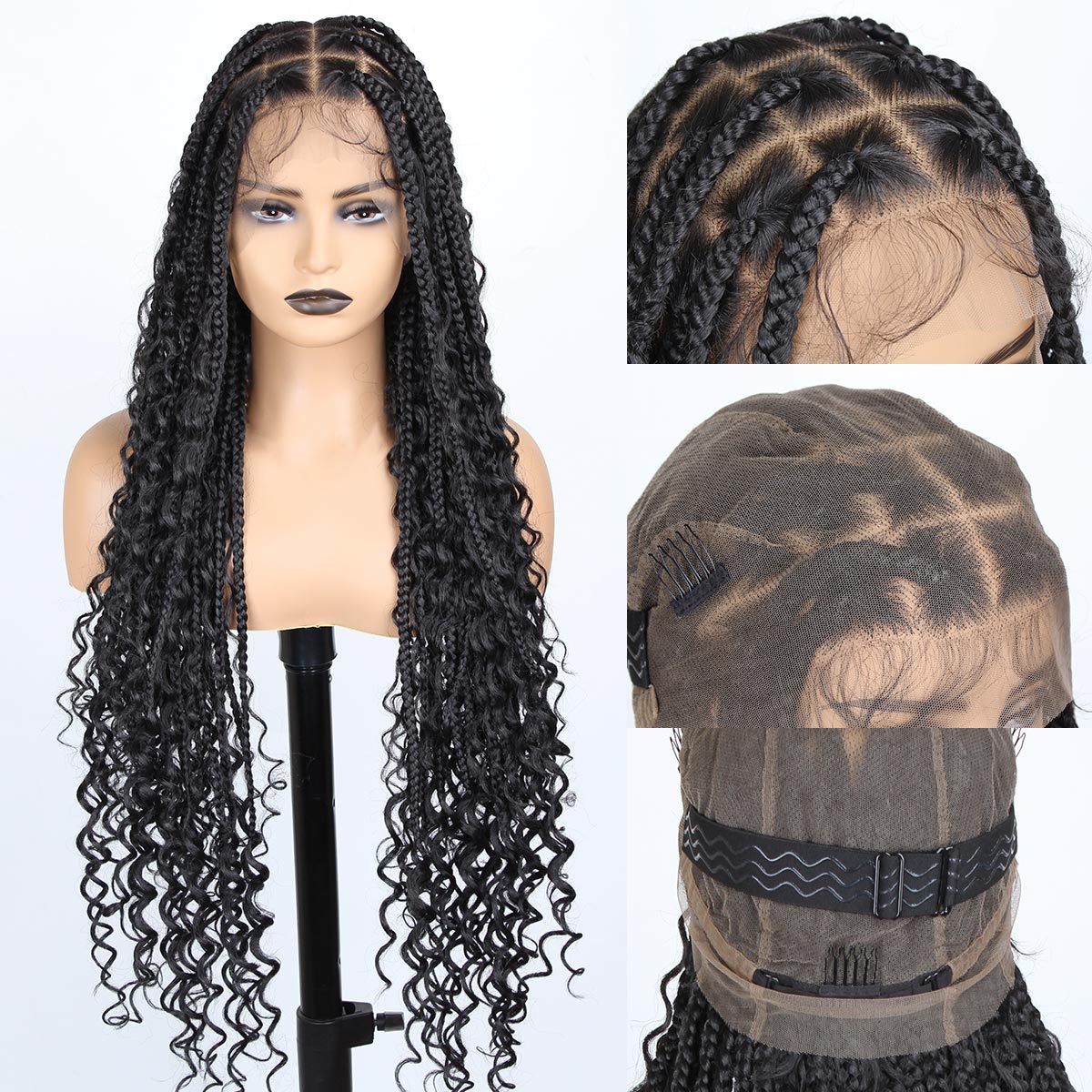 Sangtok 36 inch Knotless Boho Box Braid Wigs, 360 Single Full Lace Braided Curly Wigs for Black Women, Synthetic Black Braided Lace Wig