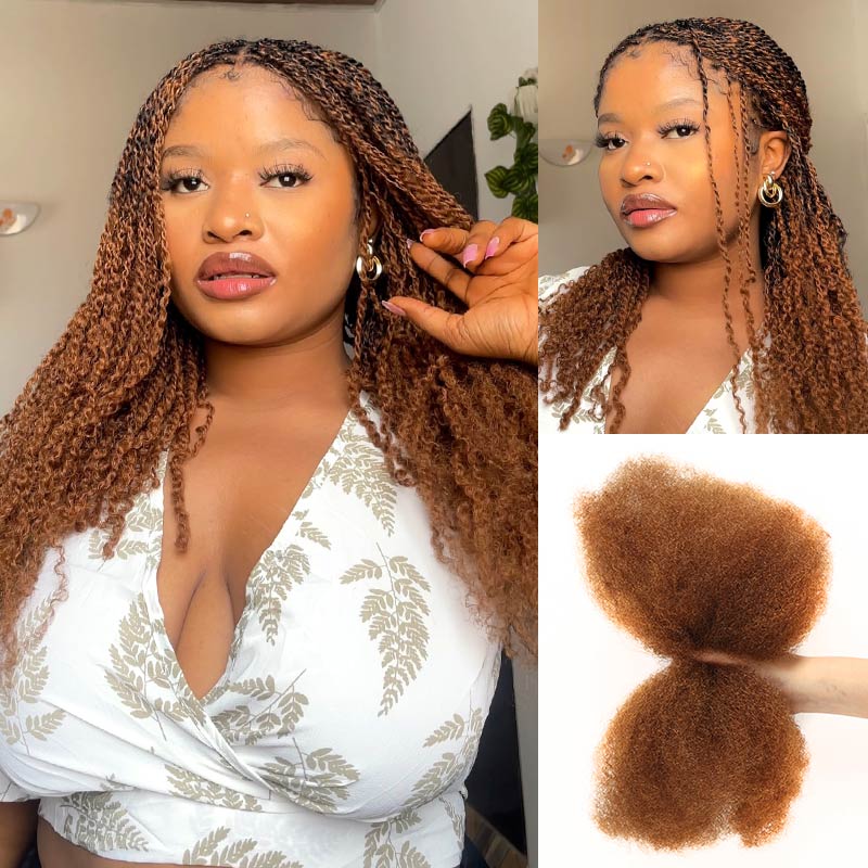 Sangtok Afro Kinkys Bulk Human Hair, 4c Curly Hair for Permanent Sister Locs/ Mini Twists/Braids/Repair Can Dye and Bleach, Auburn Brown