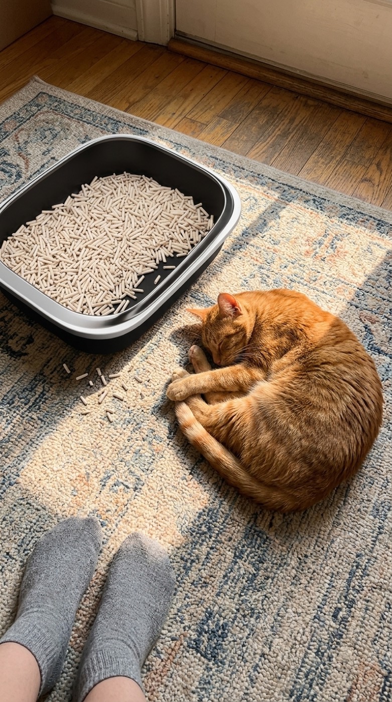 Chester napping beside his litter box