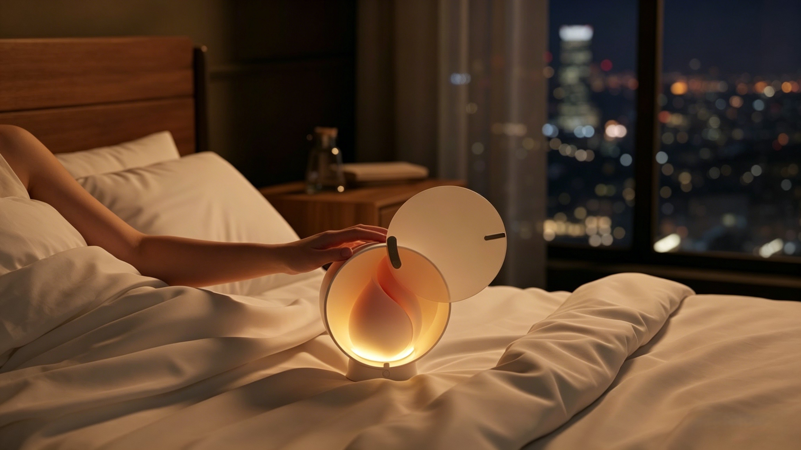 Luna Bloom charging box glowing as a bedside night light