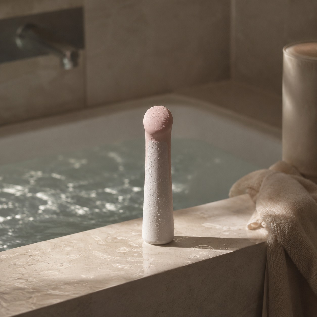 Envy vibrator resting on a pale stone surface beside rippling water