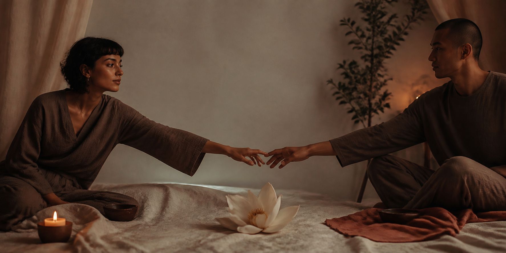 Two adults reaching toward one another with care