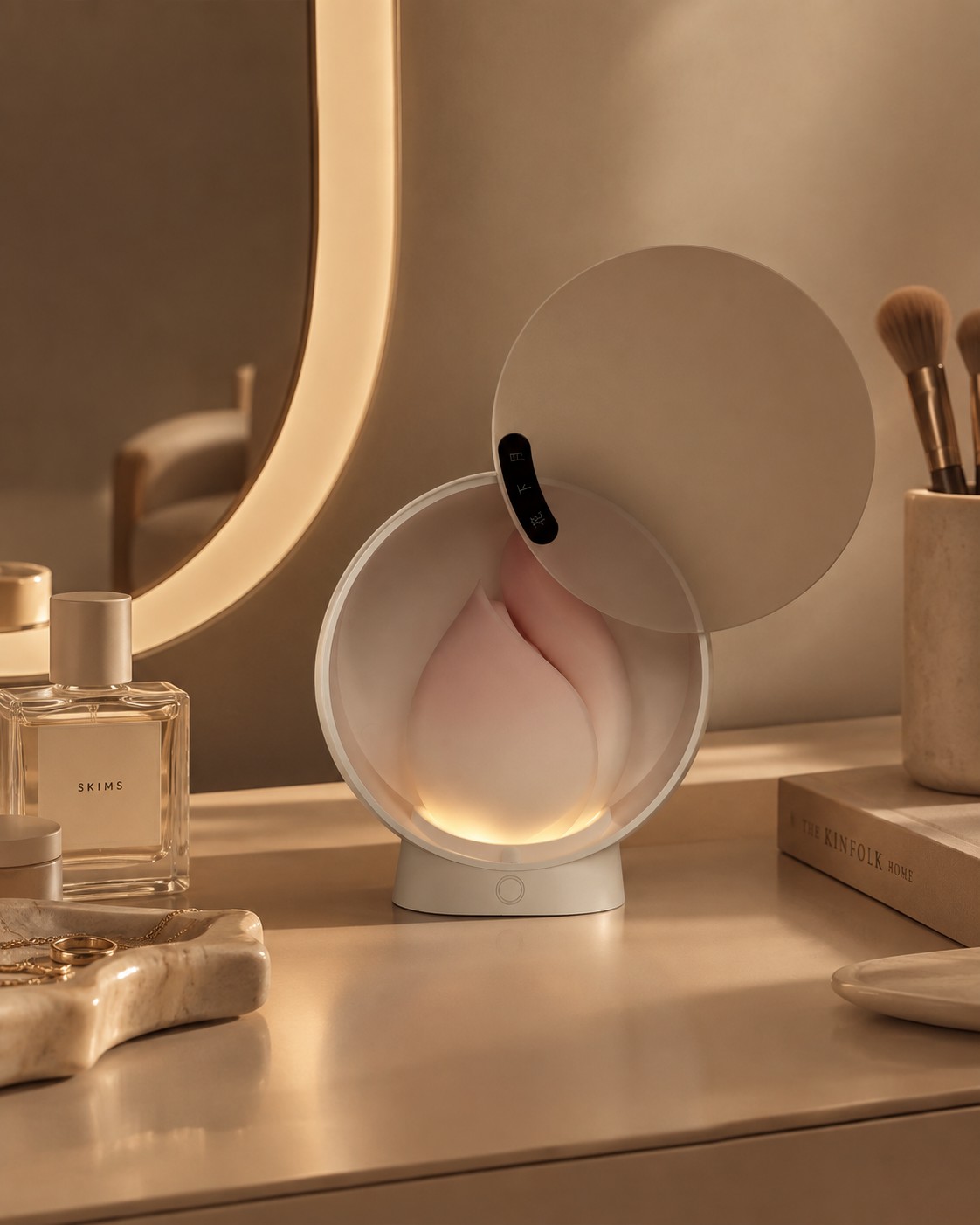 An intimate wellness object displayed beside a softly lit mirror