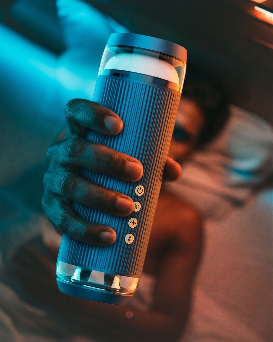 Hand holding the blue Finn masturbator with its controls visible