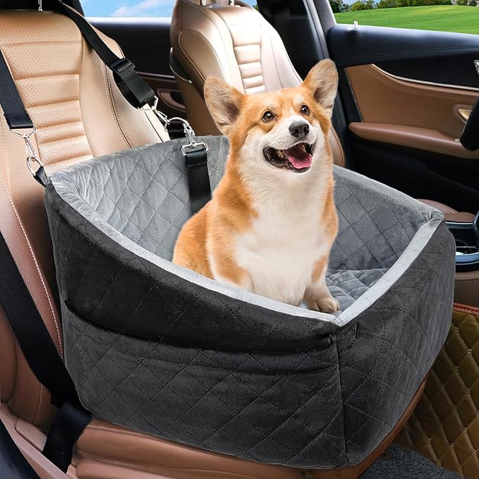 Dog Car Seat for Small Medium Dogs Under 35lbs, Washable Booster Seat with Storage Pockets, Dog Bed Pet Travel Accessories with Safety Leash