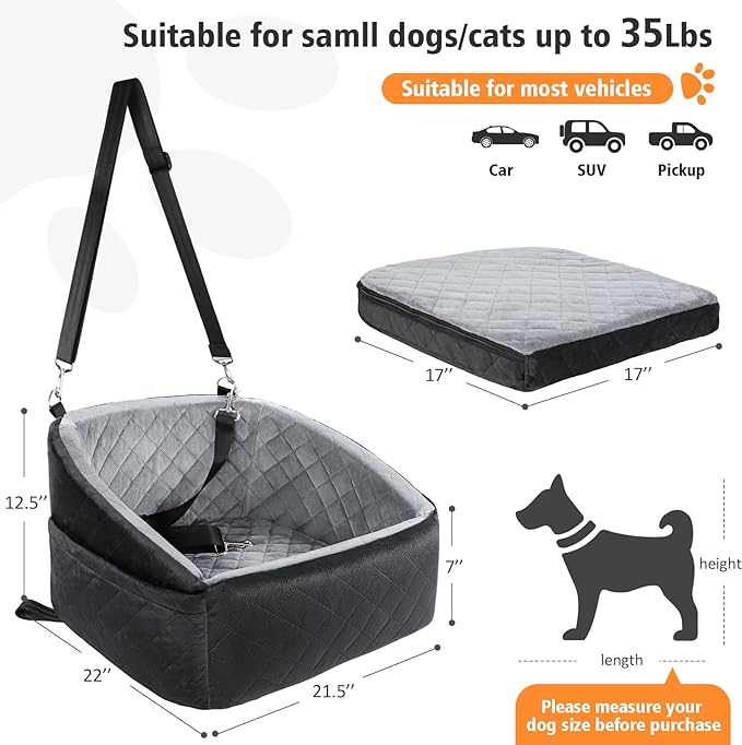 Dog Car Seat for Small Medium Dogs Under 35lbs, Washable Booster Seat with Storage Pockets, Dog Bed Pet Travel Accessories with Safety Leash