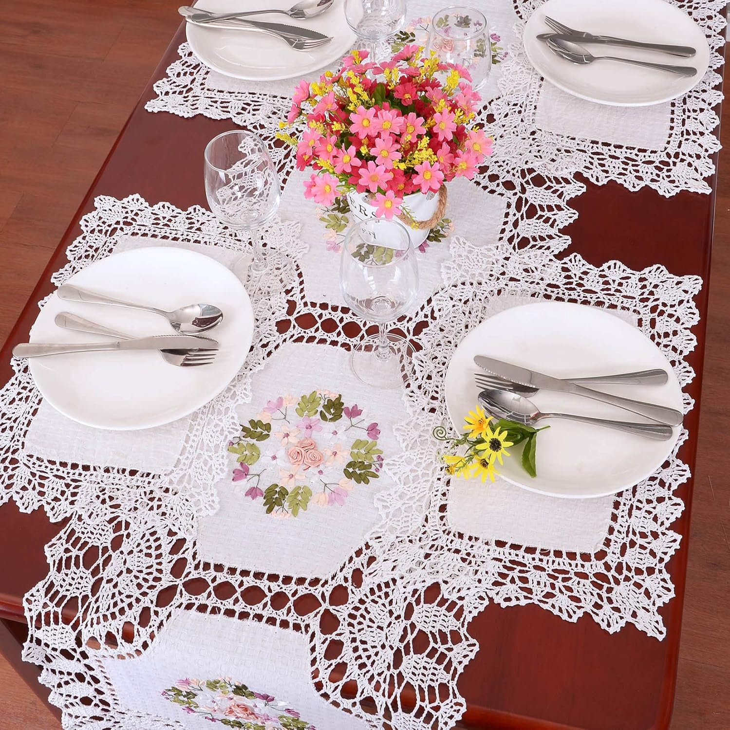 Handmade Crochet Cotton Lace Table Runner Dresser Scarf, Ribbon Embroidery (17 x 72 inches)