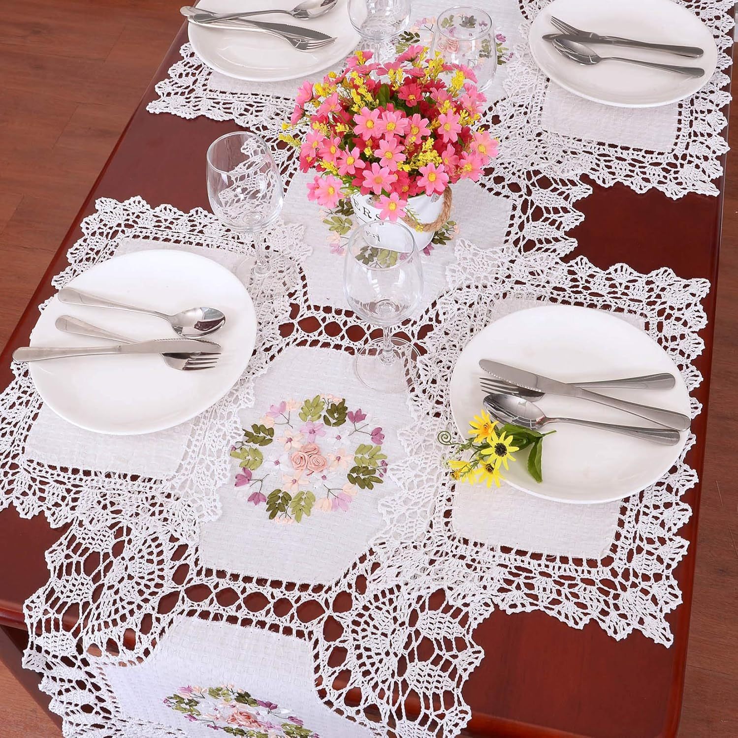 Handmade Crochet Cotton Lace Table Runner Dresser Scarf, Ribbon Embroidery (17 x 72 inches)