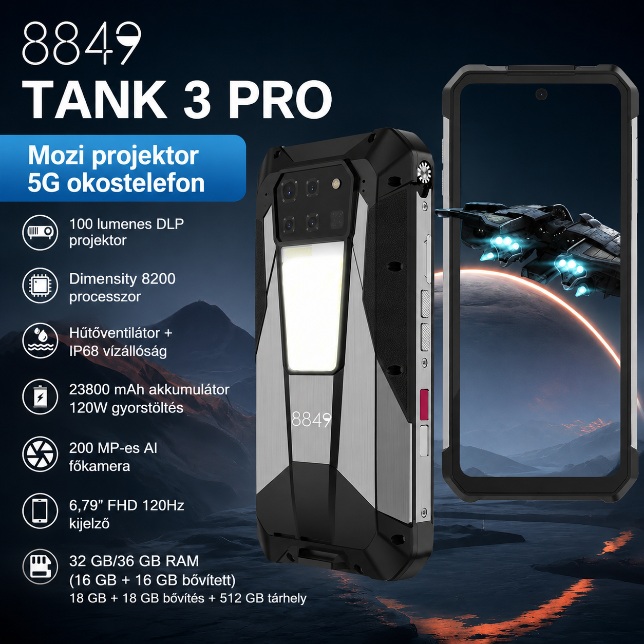 TANK 3 Pro – Strapabíró okostelefon beépített projektorral, szabadtéri használatra tervezve