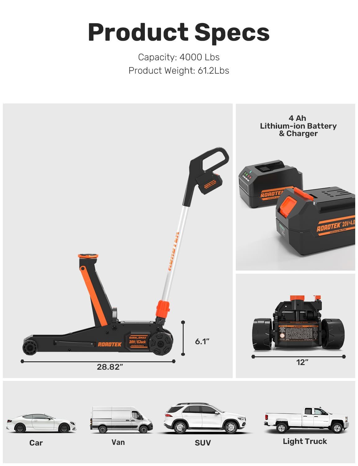 3 Ton Electric Floor Jack, Low Profile Aluminum and Steel Jack for Quickly Car Lift, Hydraulic Service Jack, 6000 lbs Capacity. Lifting Range 3-3/4" to 20"