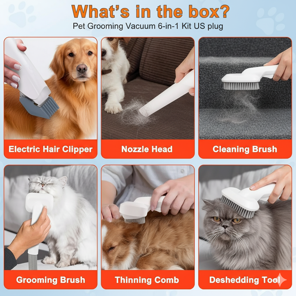 Pet Grooming Vacuum 6-in-1 Kit US plug
