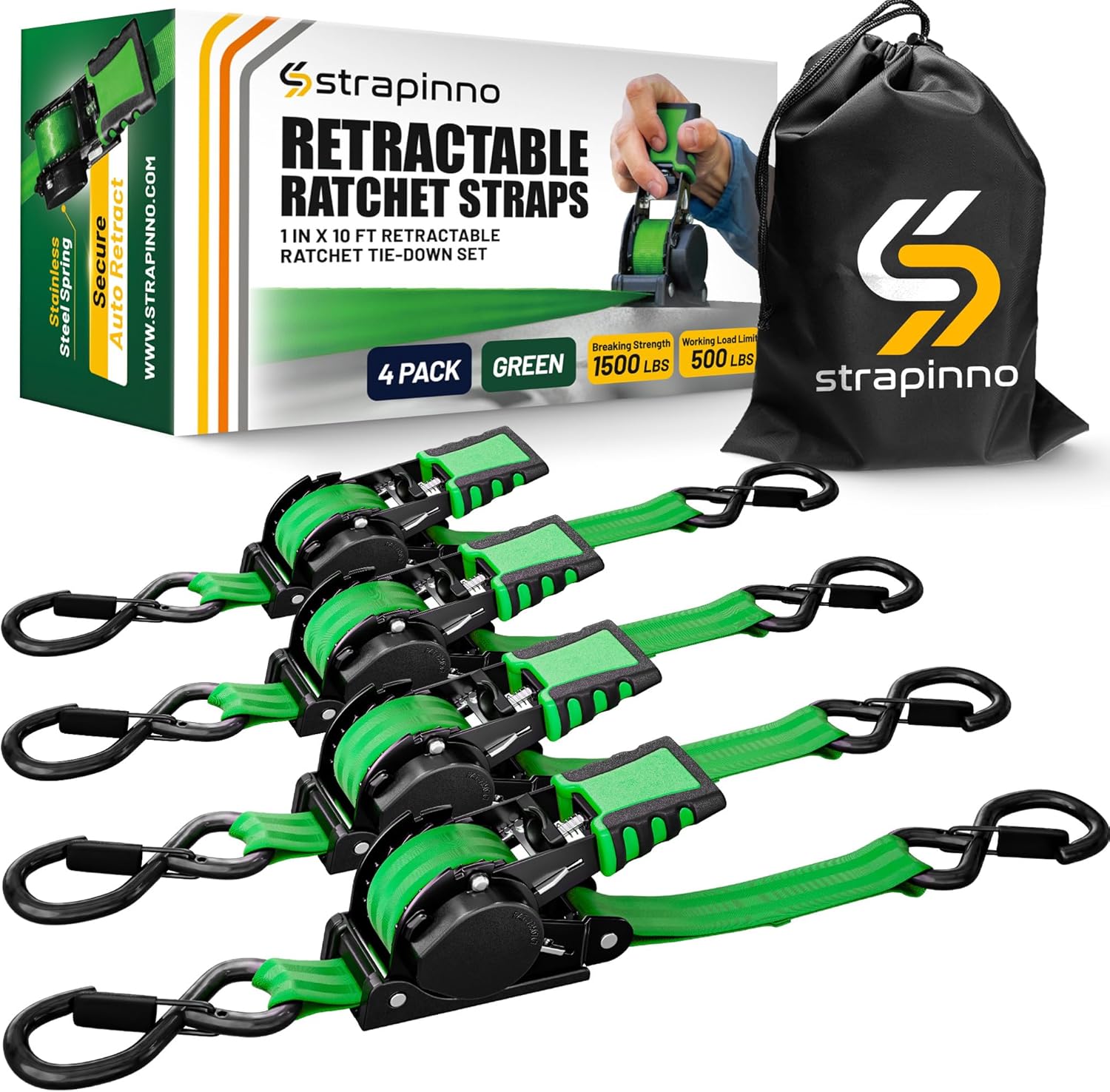 🎉Last Day 60% OFF⏰️-Strapinno Retractable Ratchet Straps 1 in x 10 ft, Secure Tie-Downs with Rubber-Coated Steel Handles, for Motorcycle, Jetski, Kayak, Breaking Strength 1,500LBS/680KG (Green Strap, Black Coated)