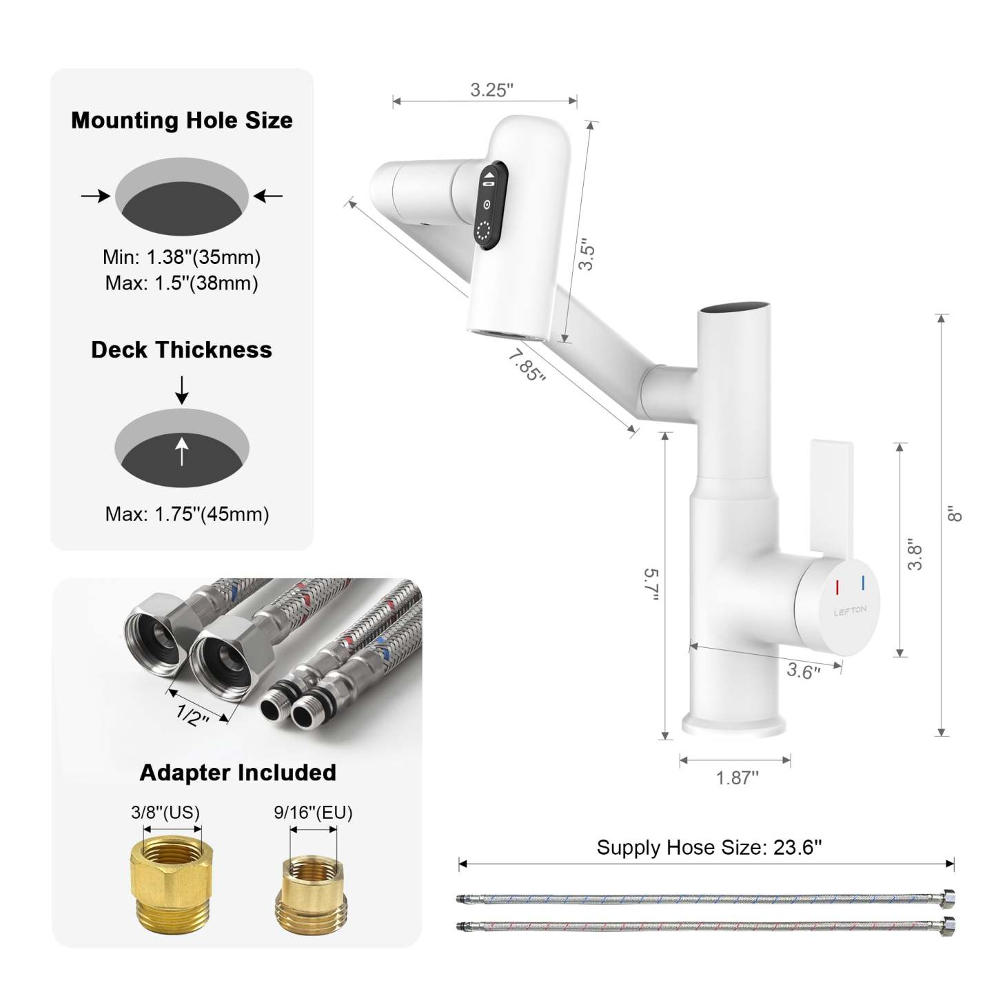Lefton Single - Hole Rotatable Faucet with Temperature Display - BF2204 - Bathroom Faucets - Lefton Home