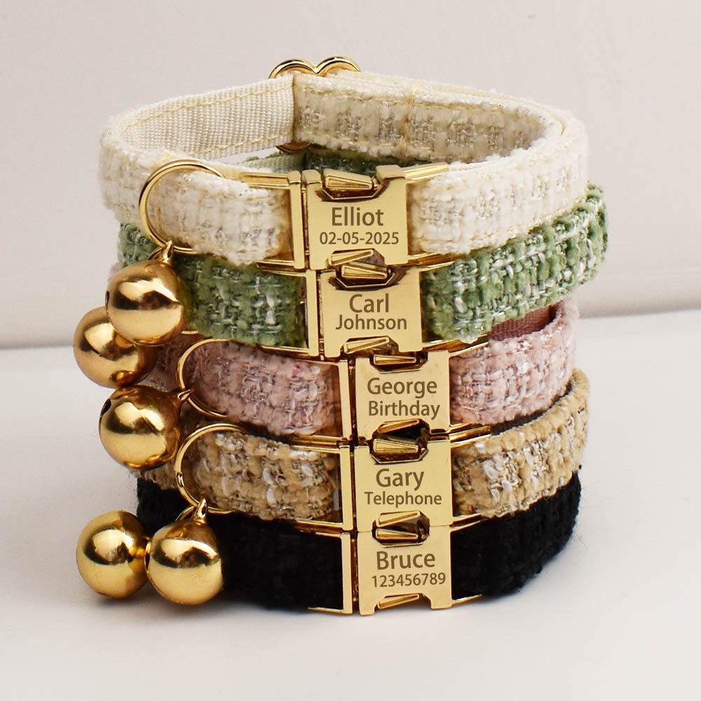 "Little Chanel" Style Pet Collar Series (with Bell & Bowtie) — Customizable Engraved Collar for Cats & Dogs-Lucky darling