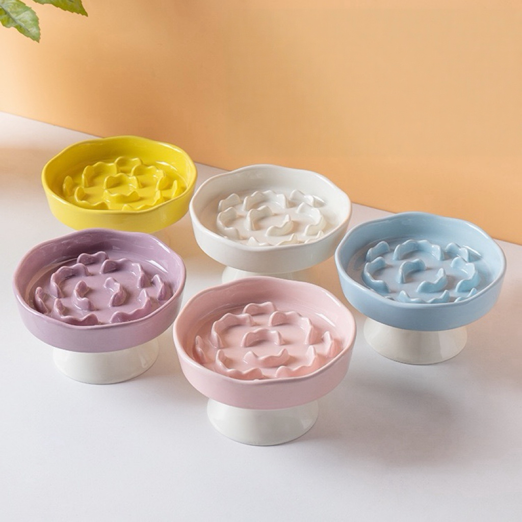  Cute Floral Raised Ceramic Slow Feeder Bowl, Elevated Anti-Gulping Pet Bowl for Cats Small Dogs, Neck Protective Pet Food Dish