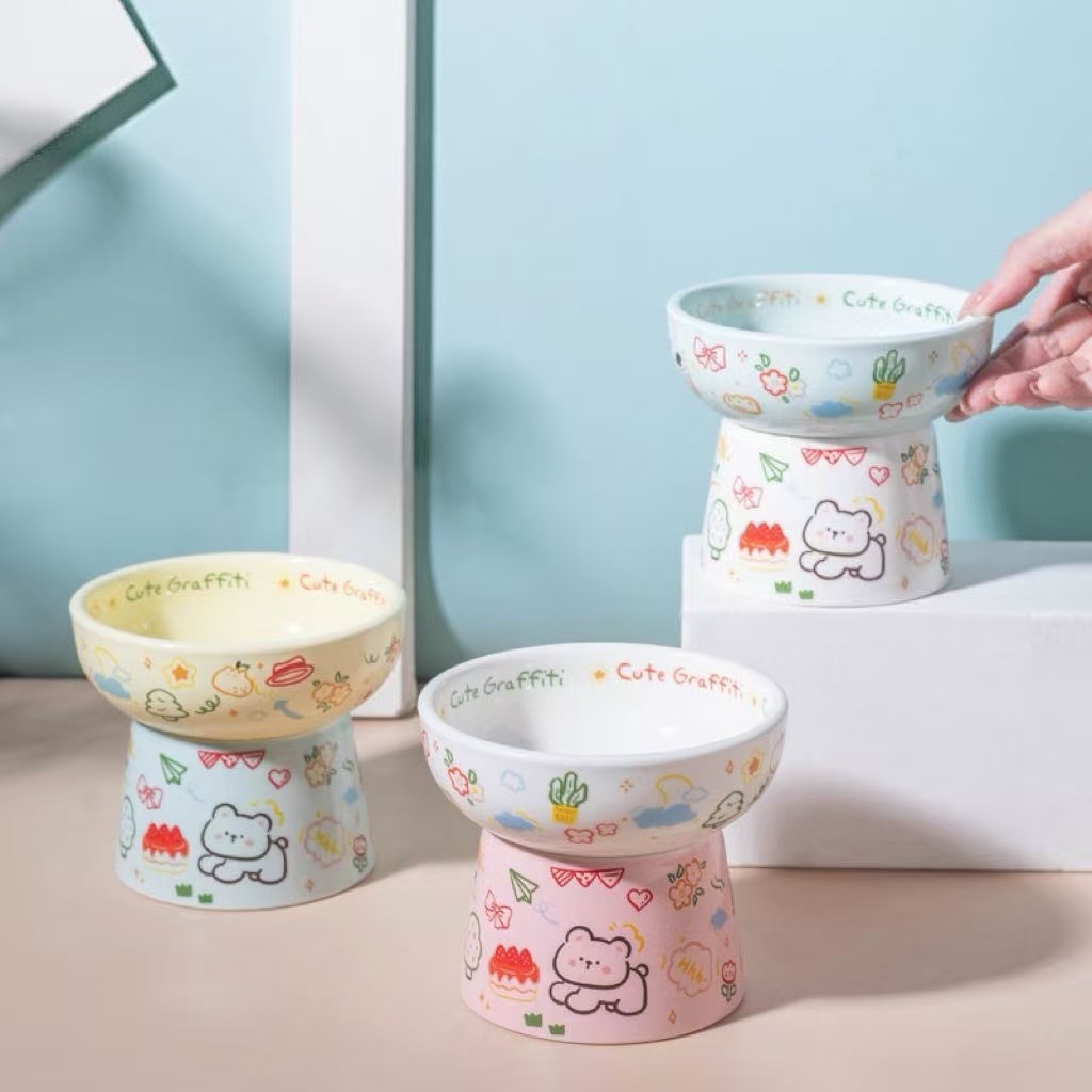 Cute Graffiti Elevated Ceramic Cat Bowl - Ergonomic Raised Feeder for Neck Protection, Anti-Vomiting & Whisker-Friendly, Dishwasher Safe Pet Bowl for Food & Water