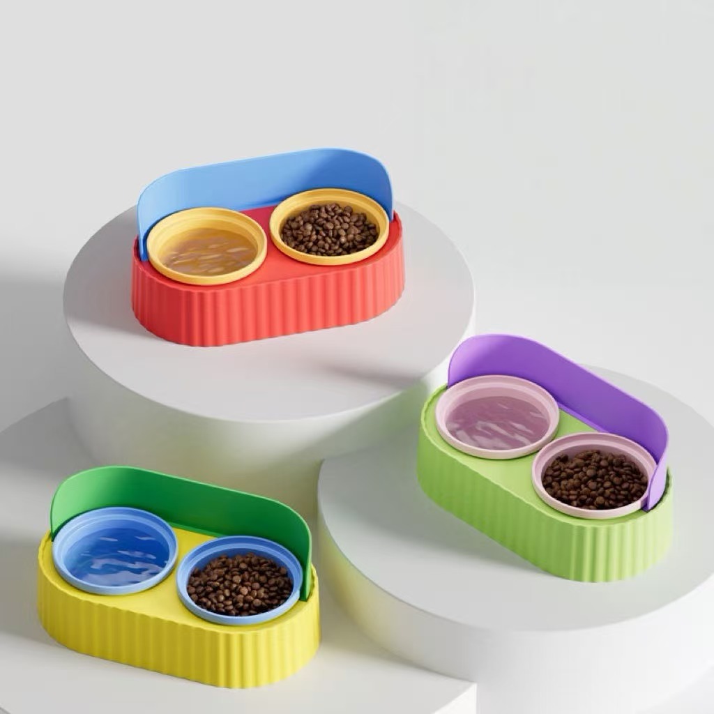 Detachable Double Ceramic Pet Bowls with PP Stand - Spill-Proof, Easy to Clean Cat & Dog Feeder, Food & Water Bowls for Small Pets