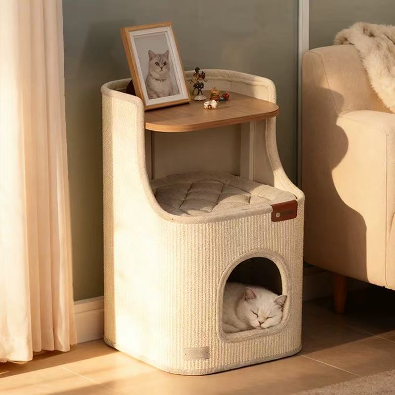 Sisal cat scratching post – 2-in-1 round bedside table cat bed holder-Lucky darling