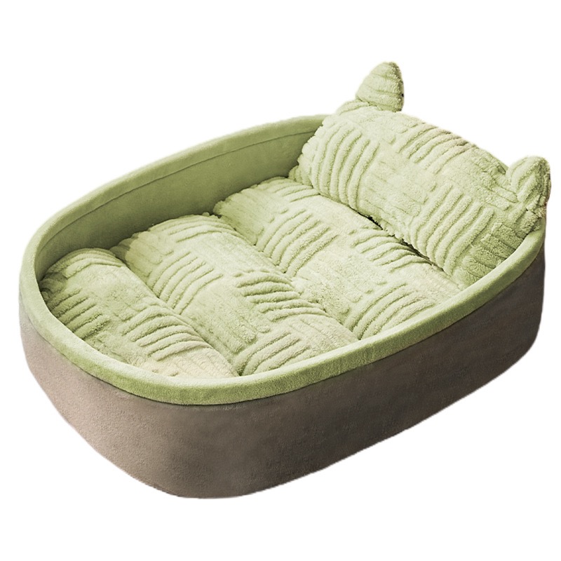 Warm Striped Fleece Pet Dog Bed | Non-Slip Raised Backrest Calming Dog Sofa for All Seasons