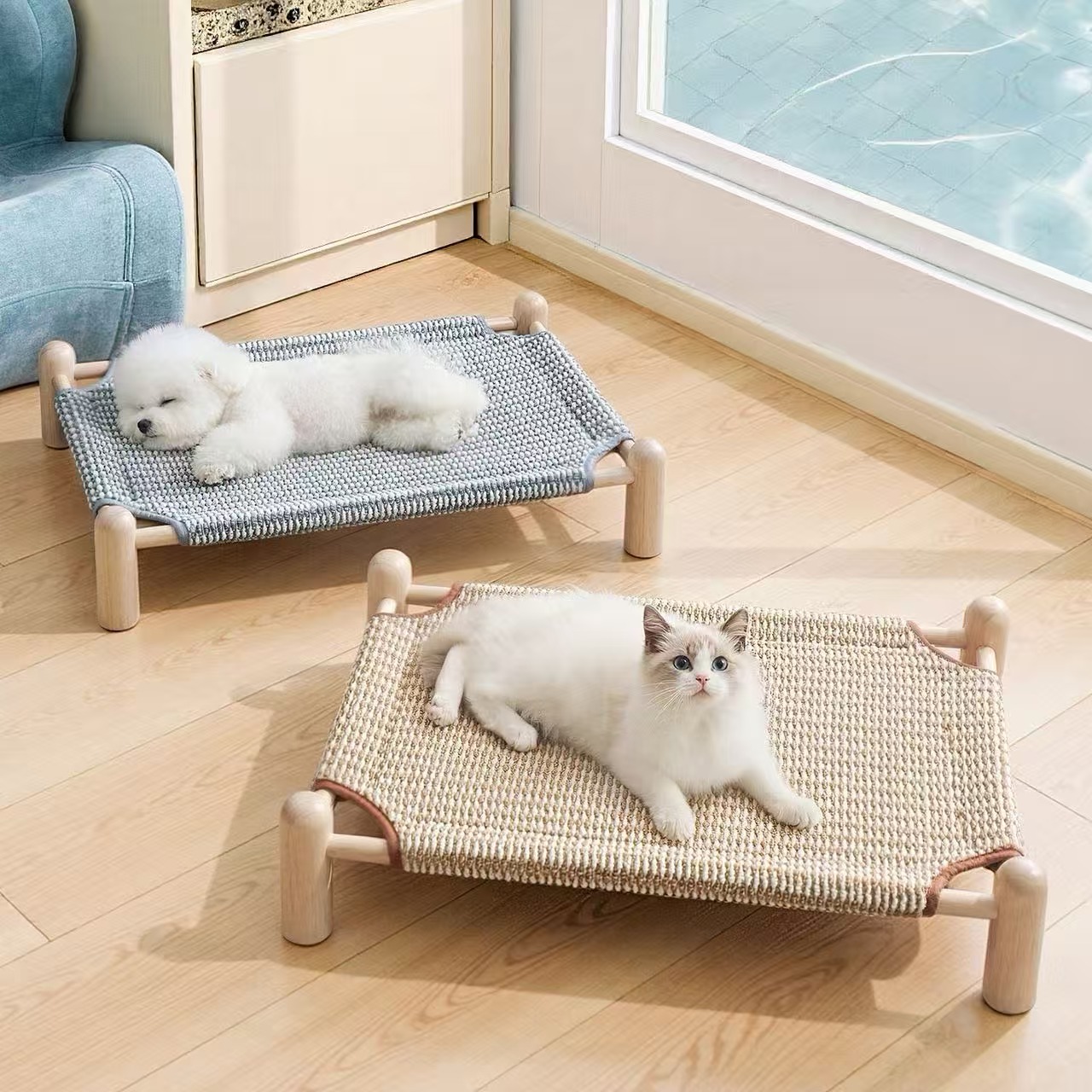 Elevated Wooden Pet Bed, Summer Cooling Breathable Cat & Dog Hammock Bed