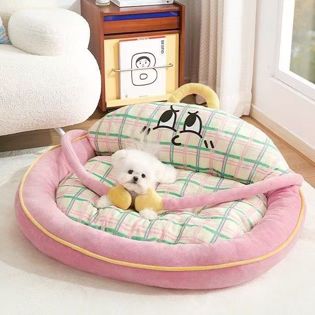 Cute Dopamine Plaid Pet Bed, Fluffy Deep Sleep Dog & Cat Sofa Bed with Raised Backrest