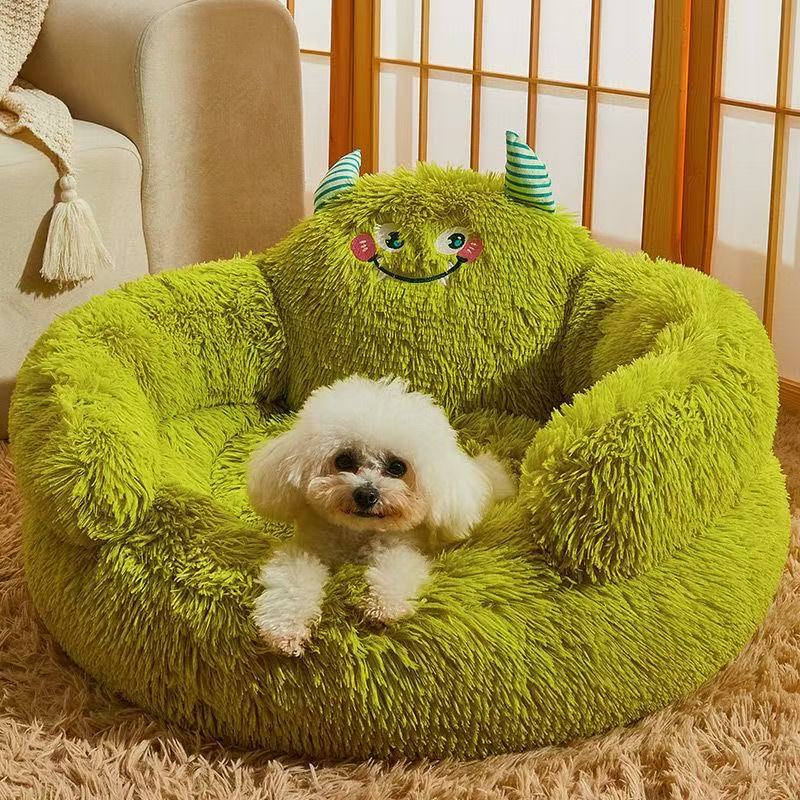 Cute Monster Shaggy Calming Dog Bed, Fluffy Round Anti-Anxiety Plush Pet Sofa Couch for Small Medium Dogs Cats-Lucky darling