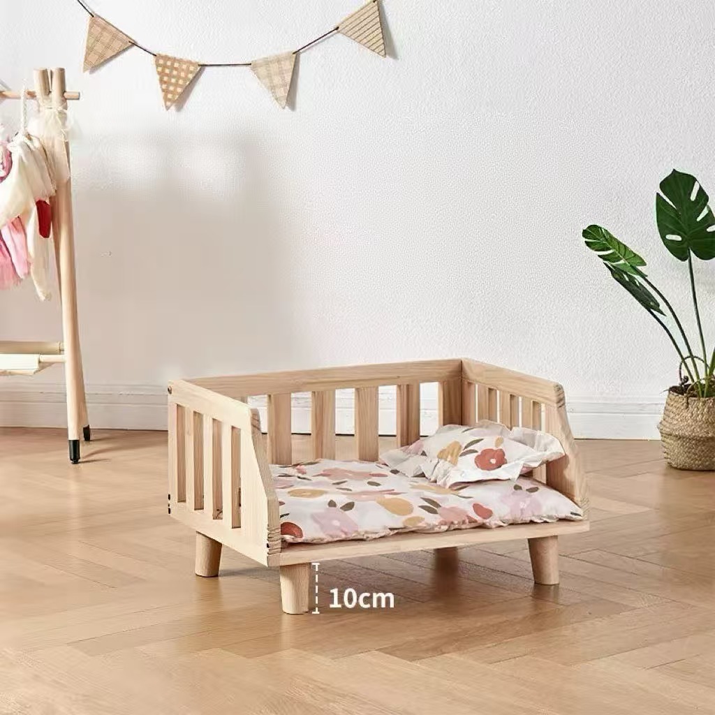 Elevated Solid Wood Pet Bed, Raised Off-Floor Dog Cat Sofa Bed with Removable Floral Cushion