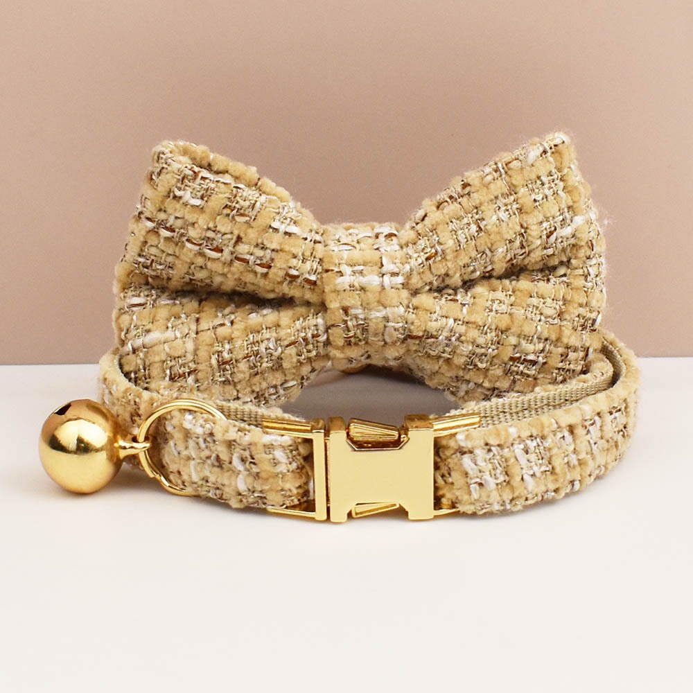 "Little Chanel" Style Pet Collar Series (with Bell & Bowtie) — Customizable Engraved Collar for Cats & Dogs