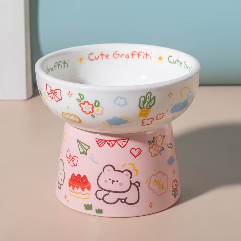 Cute Graffiti Elevated Ceramic Cat Bowl - Ergonomic Raised Feeder for Neck Protection, Anti-Vomiting & Whisker-Friendly, Dishwasher Safe Pet Bowl for Food & Water