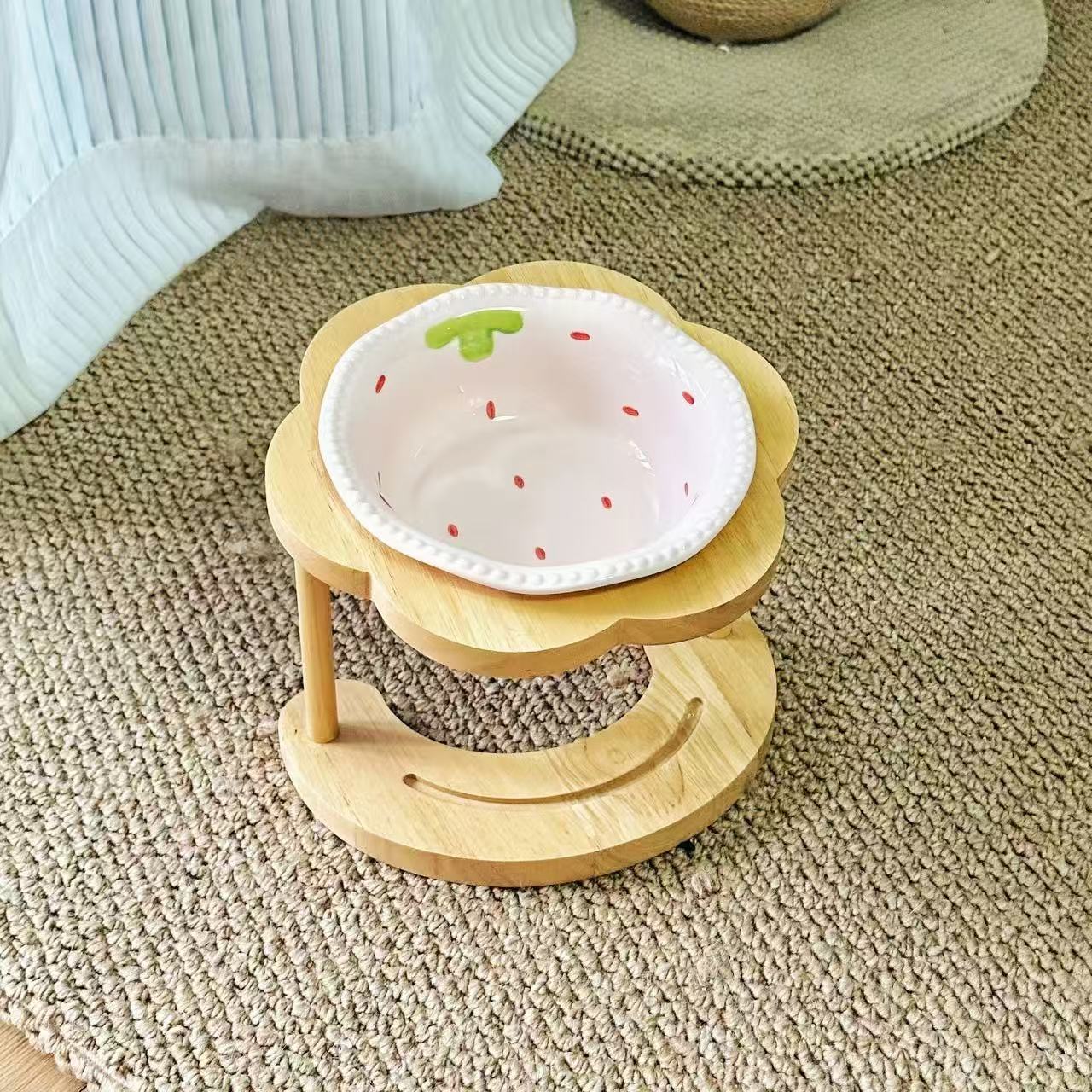 Natural Solid Wood Raised Cat Bowl Holder, 15° Slant Ergonomic Feeder Stand for Ceramic Cat Food Water Bowl, Neck Care Pet Feeding Station for Kitten Adult Cat
