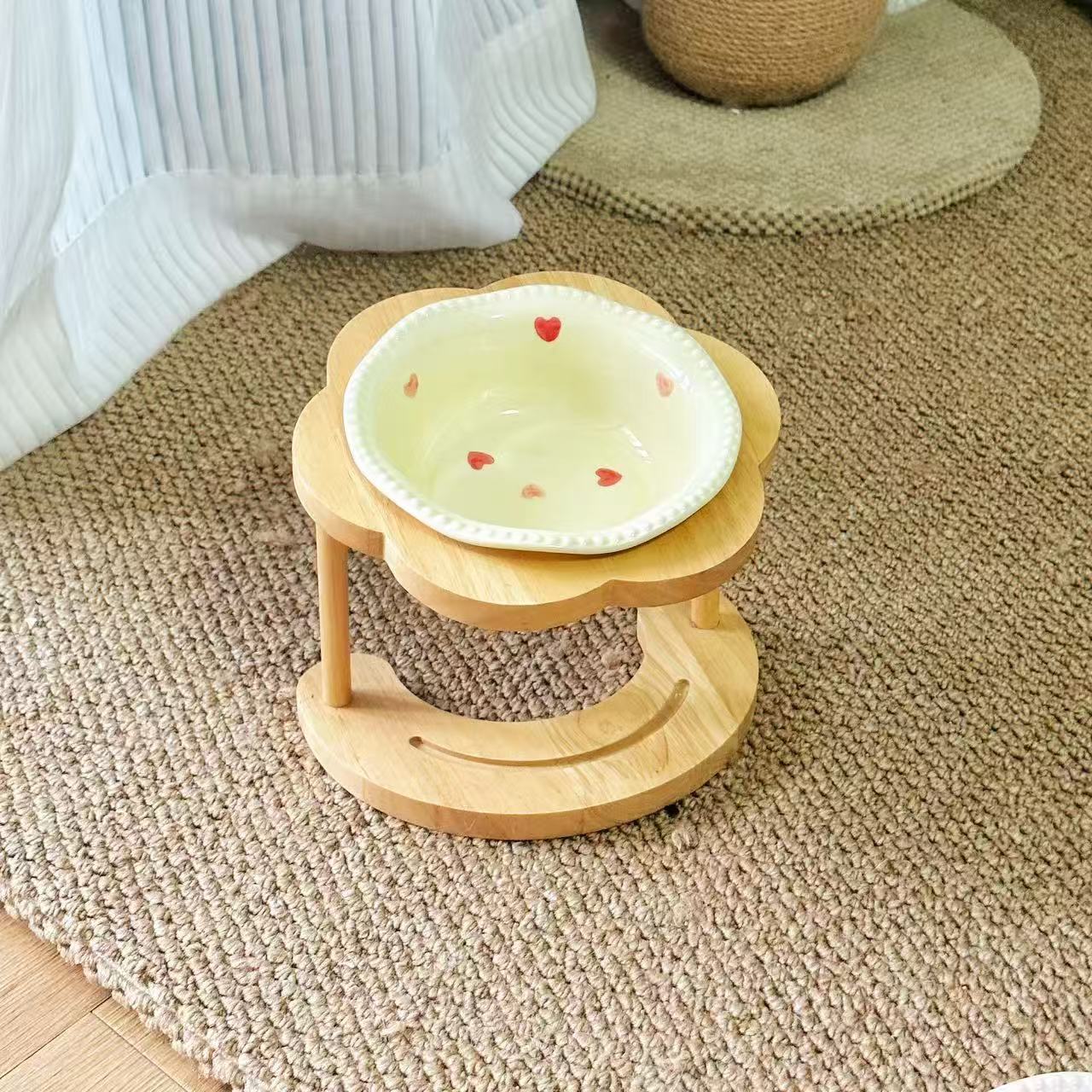Natural Solid Wood Raised Cat Bowl Holder, 15° Slant Ergonomic Feeder Stand for Ceramic Cat Food Water Bowl, Neck Care Pet Feeding Station for Kitten Adult Cat