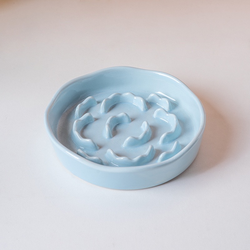  Cute Floral Raised Ceramic Slow Feeder Bowl, Elevated Anti-Gulping Pet Bowl for Cats Small Dogs, Neck Protective Pet Food Dish