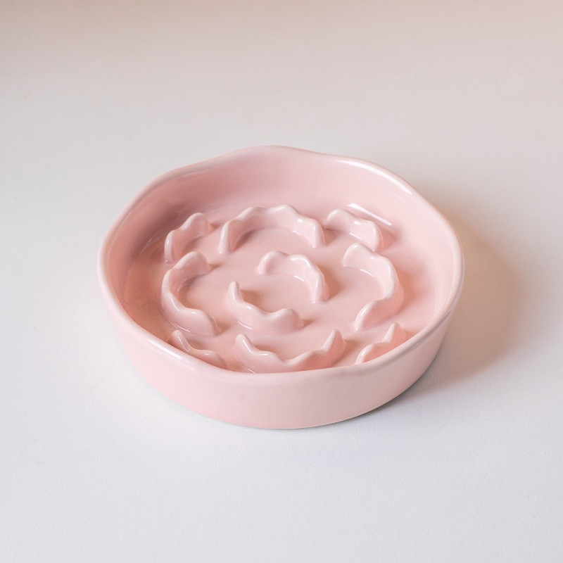  Cute Floral Raised Ceramic Slow Feeder Bowl, Elevated Anti-Gulping Pet Bowl for Cats Small Dogs, Neck Protective Pet Food Dish