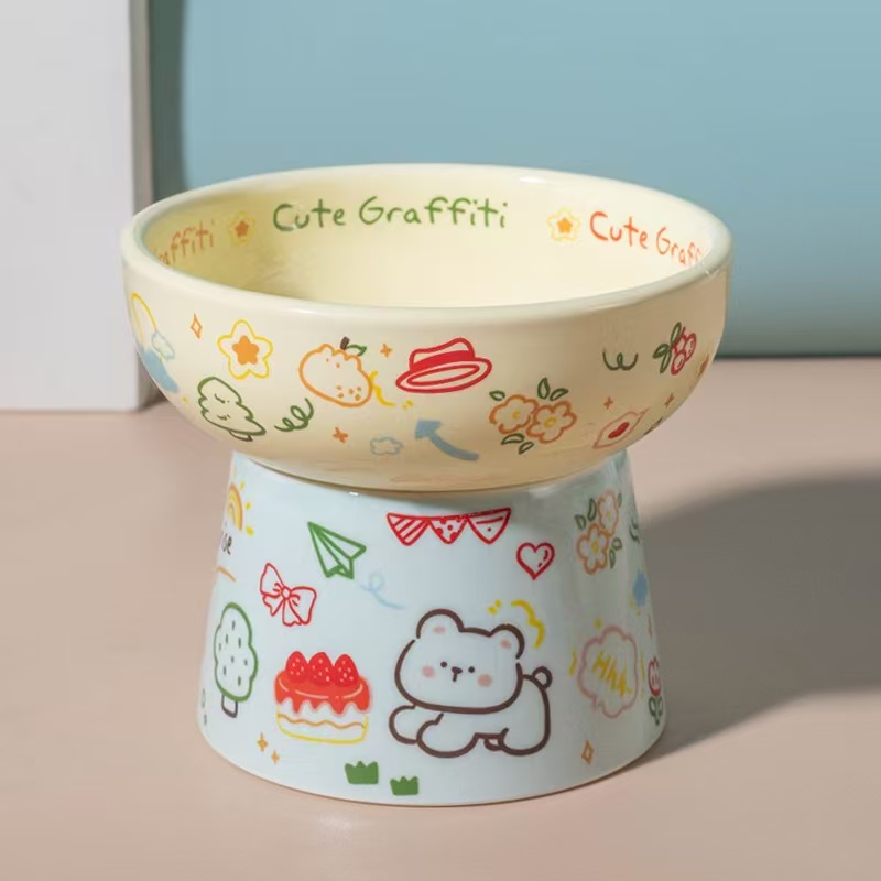 Cute Graffiti Elevated Ceramic Cat Bowl - Ergonomic Raised Feeder for Neck Protection, Anti-Vomiting & Whisker-Friendly, Dishwasher Safe Pet Bowl for Food & Water