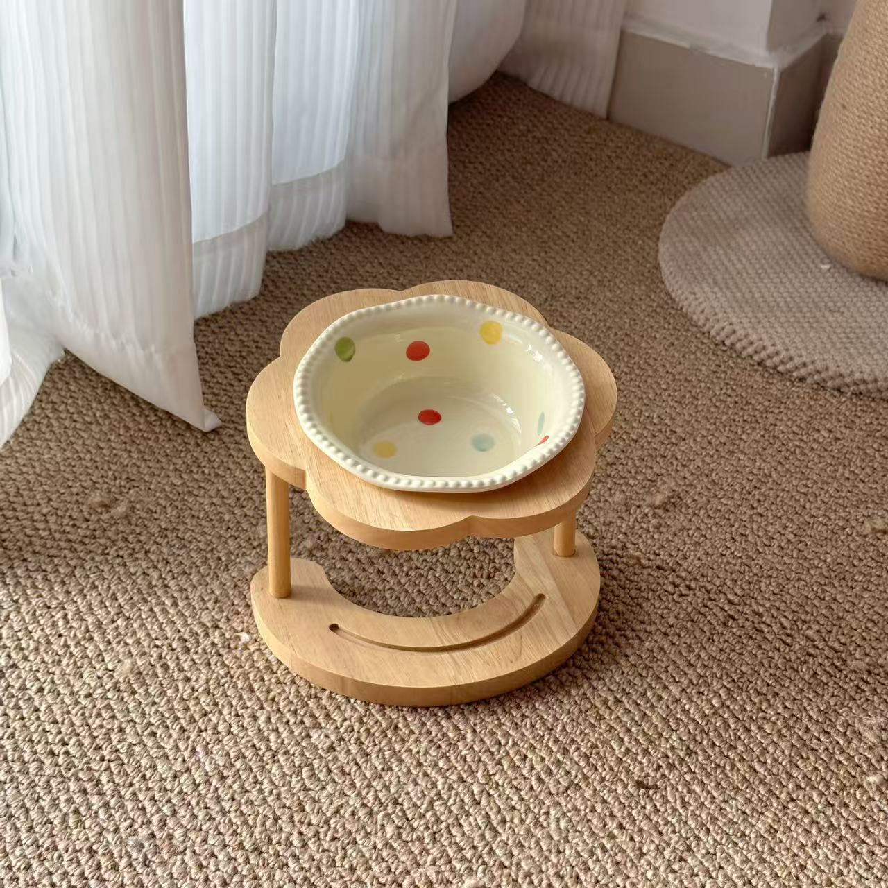 Natural Solid Wood Raised Cat Bowl Holder, 15° Slant Ergonomic Feeder Stand for Ceramic Cat Food Water Bowl, Neck Care Pet Feeding Station for Kitten Adult Cat