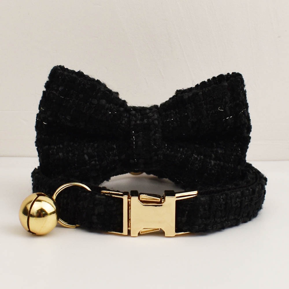 "Little Chanel" Style Pet Collar Series (with Bell & Bowtie) — Customizable Engraved Collar for Cats & Dogs