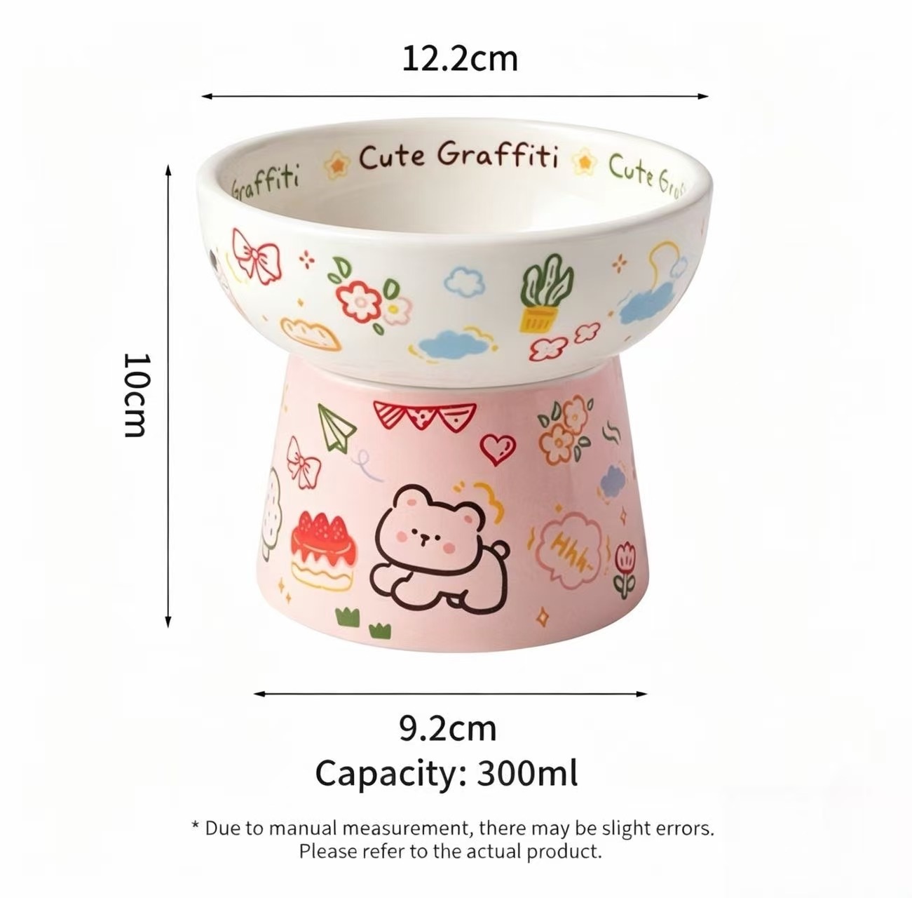 Cute Graffiti Elevated Ceramic Cat Bowl - Ergonomic Raised Feeder for Neck Protection, Anti-Vomiting & Whisker-Friendly, Dishwasher Safe Pet Bowl for Food & Water