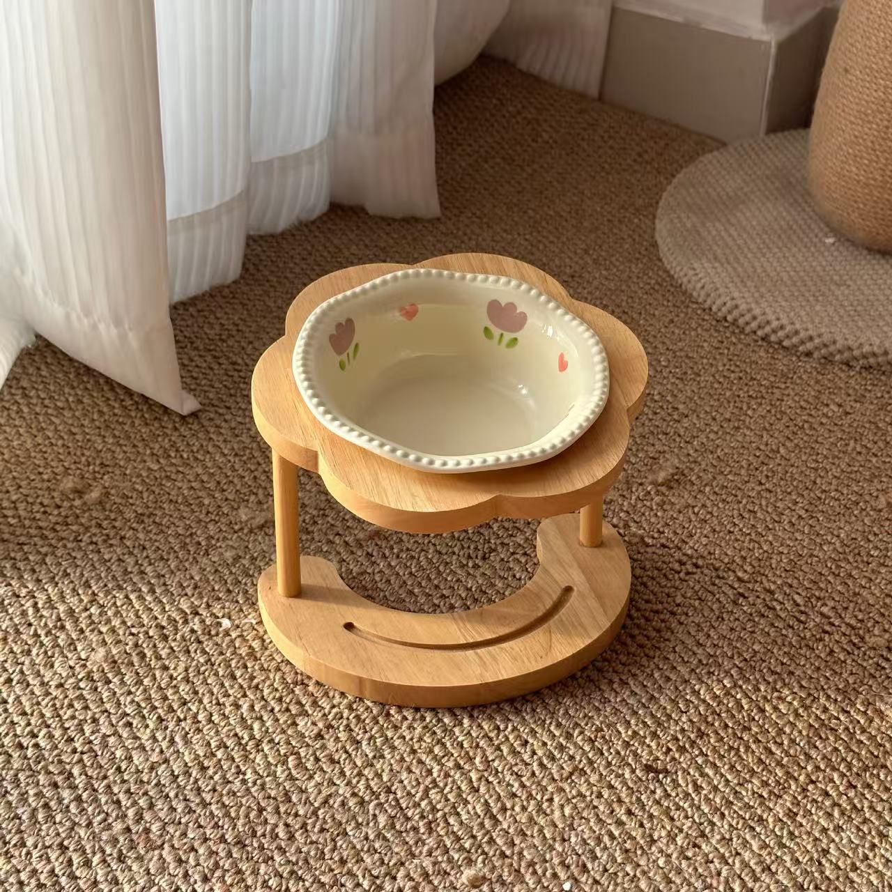 Natural Solid Wood Raised Cat Bowl Holder, 15° Slant Ergonomic Feeder Stand for Ceramic Cat Food Water Bowl, Neck Care Pet Feeding Station for Kitten Adult Cat