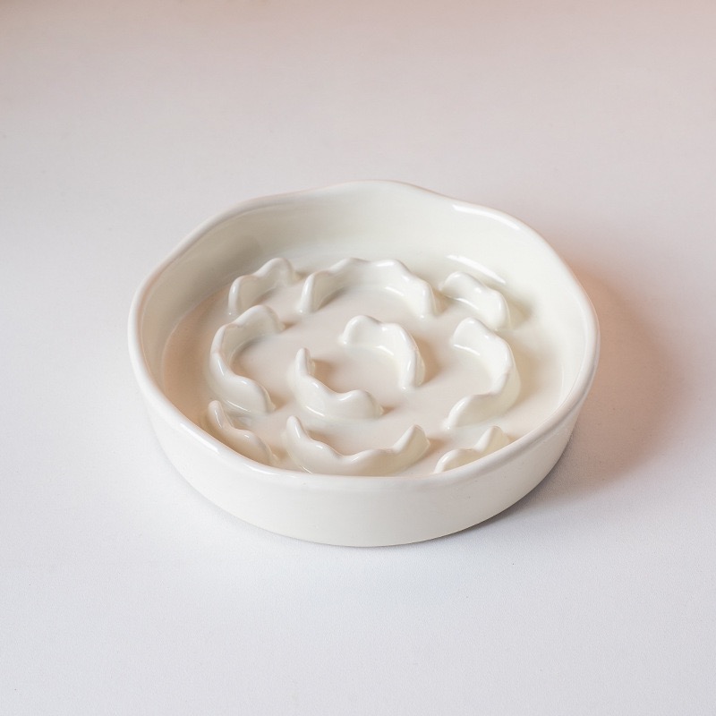  Cute Floral Raised Ceramic Slow Feeder Bowl, Elevated Anti-Gulping Pet Bowl for Cats Small Dogs, Neck Protective Pet Food Dish