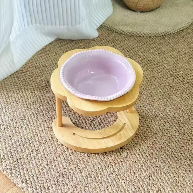 Natural Solid Wood Raised Cat Bowl Holder, 15° Slant Ergonomic Feeder Stand for Ceramic Cat Food Water Bowl, Neck Care Pet Feeding Station for Kitten Adult Cat
