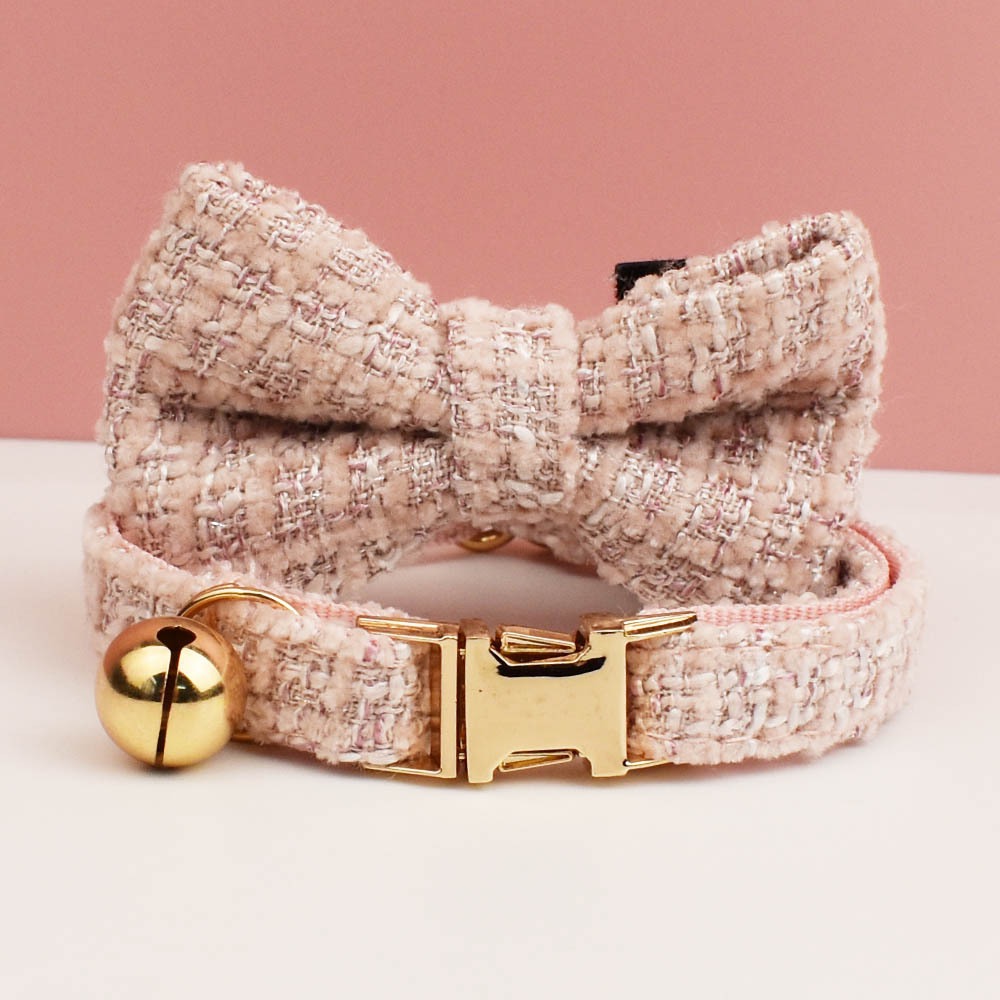 "Little Chanel" Style Pet Collar Series (with Bell & Bowtie) — Customizable Engraved Collar for Cats & Dogs