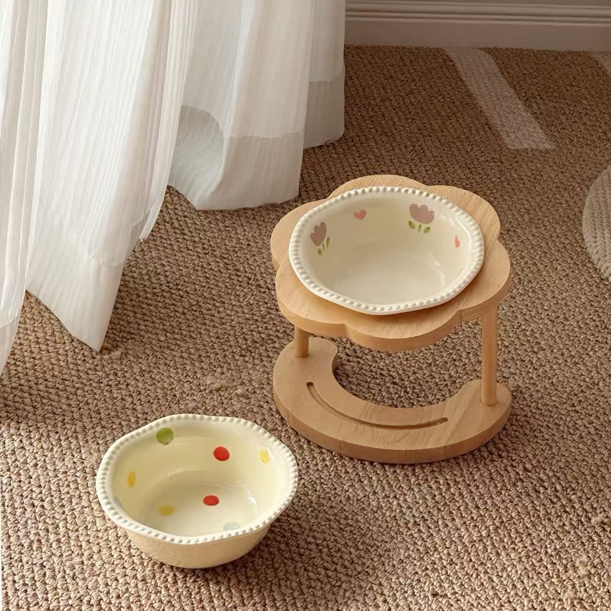 Natural Solid Wood Raised Cat Bowl Holder, 15° Slant Ergonomic Feeder Stand for Ceramic Cat Food Water Bowl, Neck Care Pet Feeding Station for Kitten Adult Cat