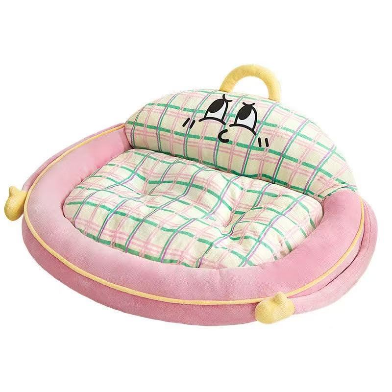 Cute Dopamine Plaid Pet Bed, Fluffy Deep Sleep Dog & Cat Sofa Bed with Raised Backrest