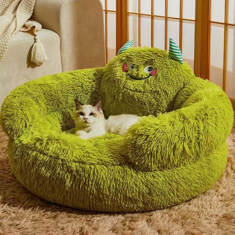 Cute Monster Shaggy Calming Dog Bed, Fluffy Round Anti-Anxiety Plush Pet Sofa Couch for Small Medium Dogs Cats