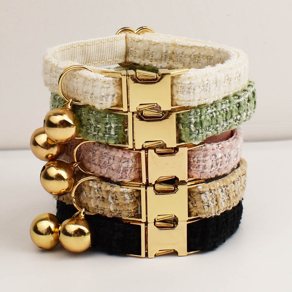 "Little Chanel" Style Pet Collar Series (with Bell & Bowtie) — Customizable Engraved Collar for Cats & Dogs