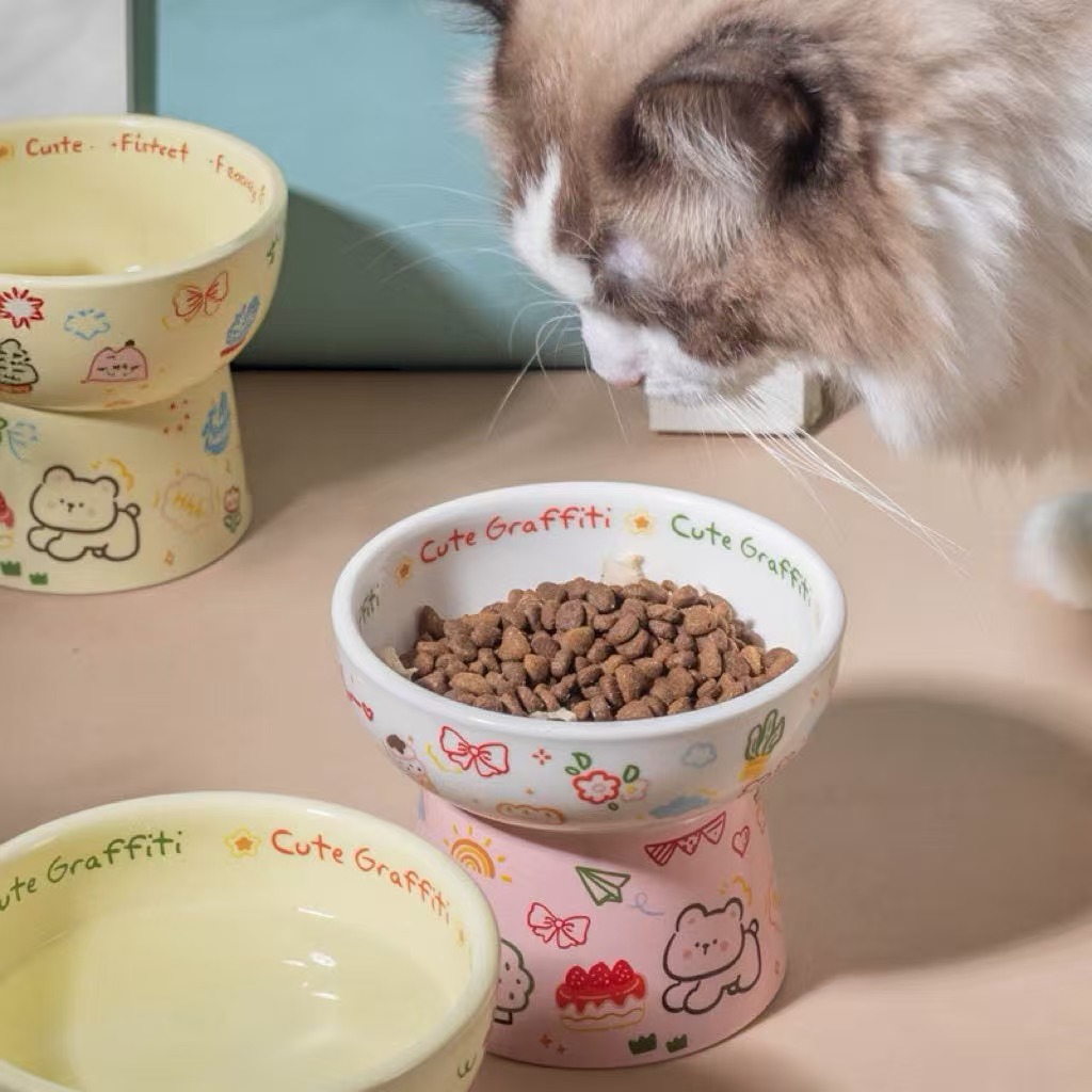 Cute Graffiti Elevated Ceramic Cat Bowl - Ergonomic Raised Feeder for Neck Protection, Anti-Vomiting & Whisker-Friendly, Dishwasher Safe Pet Bowl for Food & Water